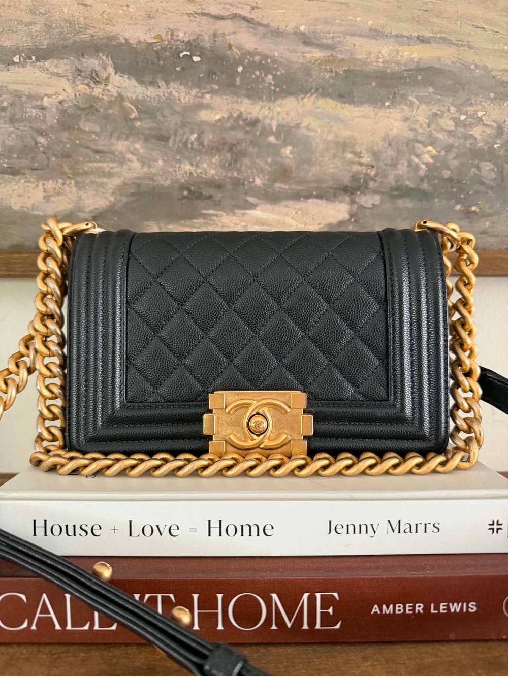 CHANEL Black Quilted Boy-Style Crossbody with Gold Chain Small Caviar